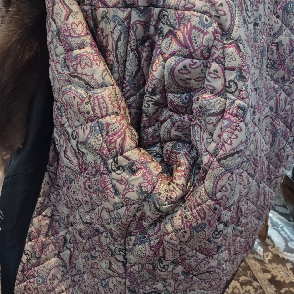 Vera Pelle Black Genuine Black Leather 3/4 Coat Fur Trim Made In Italy L - XL 14 - Picture 11 of 13